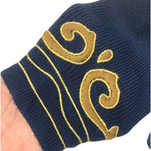 Vtg Portraits x Northern Isles Sz L Navy Blue Gold Applique Cardigan Sweater - Picture 7 of 8
